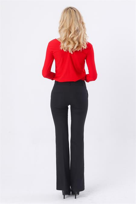 Kadın Kalın Kemerli Cepli İspanyol Bol Paça Likralı Kumaş Pantolon-Siyah