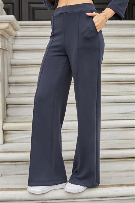 Kadın İpeksi Esnek Kalın Modal Kumaş Yüksek Bel Önden Dikişli Cepli Bol Paça Palazzo Pantolon-Lacivert
