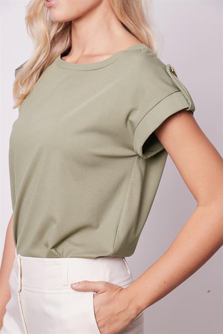 Kadın Kaliteli Likrasız Span Kumaş Geniş Sıfır Yaka Duble Kollu Apoletli Düğmeli T-shirt Bluz-Haki