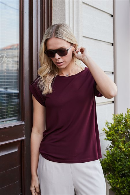 Kadın Kaliteli Likrasız Span Kumaş Geniş Sıfır Yaka Duble Kollu Apoletli Düğmeli T-shirt Bluz-Bordo 