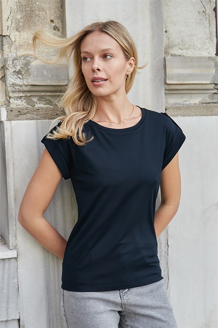 Kadın Kaliteli Likrasız Span Kumaş Geniş Sıfır Yaka Duble Kollu Apoletli Düğmeli T-shirt Bluz-Koyu Lacivert 