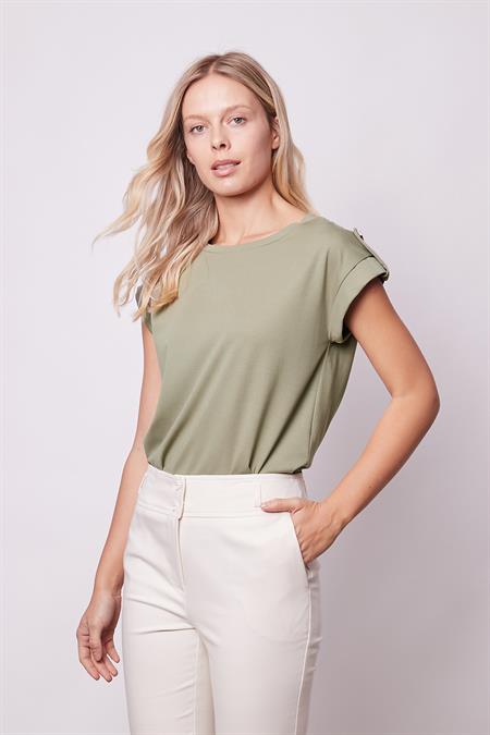 Kadın Kaliteli Likrasız Span Kumaş Geniş Sıfır Yaka Duble Kollu Apoletli Düğmeli T-shirt Bluz-Haki