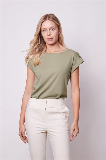 Kadın Kaliteli Likrasız Span Kumaş Geniş Sıfır Yaka Duble Kollu Apoletli Düğmeli T-shirt Bluz-Haki