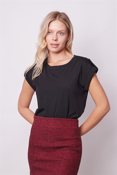 Kadın Kaliteli Likrasız Span Kumaş Geniş Sıfır Yaka Duble Kollu Apoletli Düğmeli T-shirt Bluz-Siyah