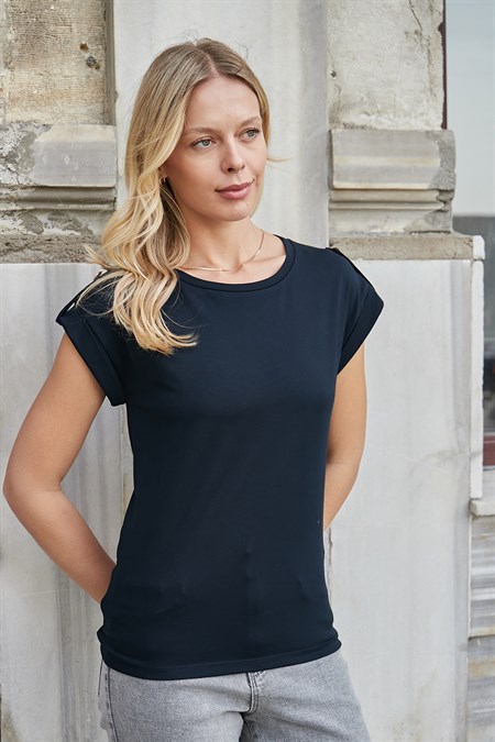 Kadın Kaliteli Likrasız Span Kumaş Geniş Sıfır Yaka Duble Kollu Apoletli Düğmeli T-shirt Bluz-Koyu Lacivert 