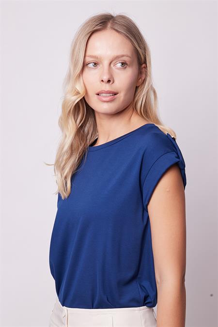 Kadın Kaliteli Likrasız Span Kumaş Geniş Sıfır Yaka Duble Kollu Apoletli Düğmeli T-shirt Bluz-Lacivert