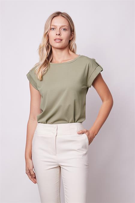 Kadın Kaliteli Likrasız Span Kumaş Geniş Sıfır Yaka Duble Kollu Apoletli Düğmeli T-shirt Bluz-Haki