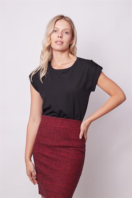 Kadın Kaliteli Likrasız Span Kumaş Geniş Sıfır Yaka Duble Kollu Apoletli Düğmeli T-shirt Bluz-Siyah