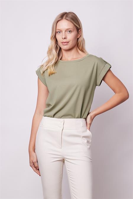 Kadın Kaliteli Likrasız Span Kumaş Geniş Sıfır Yaka Duble Kollu Apoletli Düğmeli T-shirt Bluz-Haki