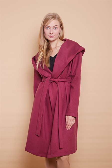 Kaşe Kapşonlu Uzun Kol Anvelop Kruvaze Bağcıklı Cepli Kaban -Vişne 