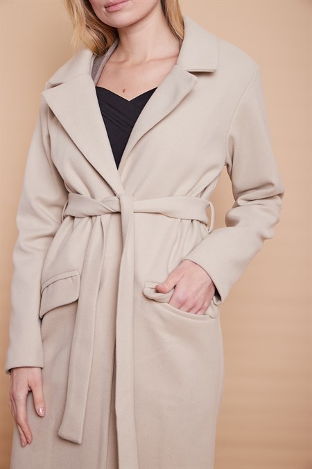 Kaşe Yakalı Cep Kapaklı Cepli Uzun Kaban -Taş