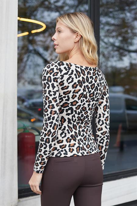 Kadın Likralı Kaşkorse Kayık Yaka Uzun Kol Body Bluz-Bej Leopar