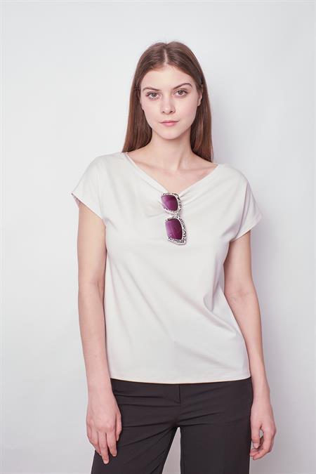 Kadın Kayık Yaka Düşük Omuzlu Kırışmaz Span Karışımlı Şık T-shirt Bluz-Şampanya 