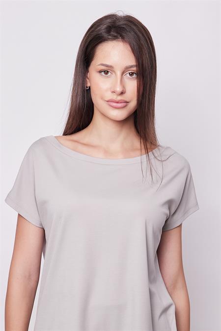 Kadın Kayık Yaka Düşük Omuzlu Kırışmaz Span Karışımlı Şık T-shirt Bluz- Gri