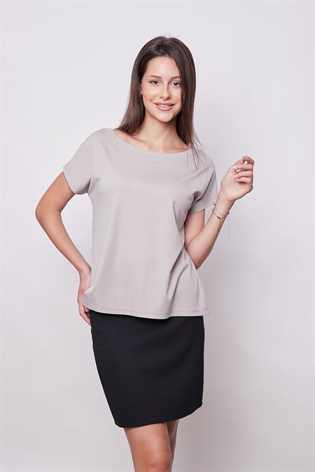 Kadın Kayık Yaka Düşük Omuzlu Kırışmaz Span Karışımlı Şık T-shirt Bluz- Gri