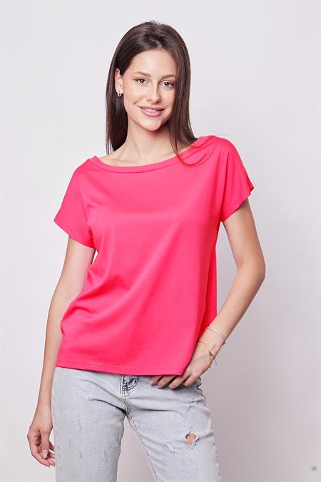 Kadın Kayık Yaka Düşük Omuzlu Kırışmaz Span Karışımlı Şık T-shirt Bluz-Fujya