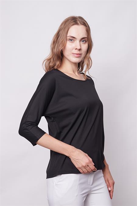 Kadın Kayık Yaka Yarasa Kapri Truvakar Kol Kırışmaz Span Kumaş T-shirt Bluz-Siyah