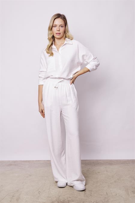 Kadın Keten Görünümlü Beli Lastikli Bol Paça Rahat Kesim Cepli Palazzo Pantolon-Beyaz
