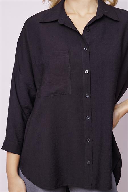 Kadın Keten Görünümlü Kolu Katlanabilir Rahat Kesim Uzun Tunik Gömlek-Siyah