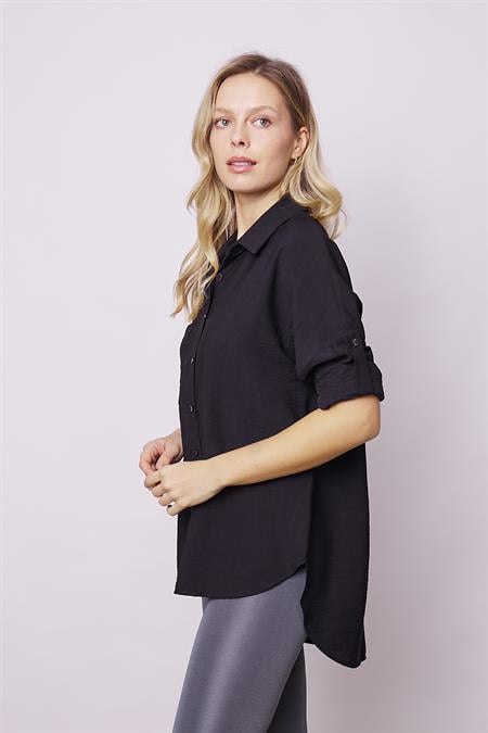 Kadın Keten Görünümlü Kolu Katlanabilir Rahat Kesim Uzun Tunik Gömlek-Siyah