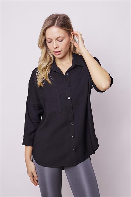 Kadın Keten Görünümlü Kolu Katlanabilir Rahat Kesim Uzun Tunik Gömlek-Siyah