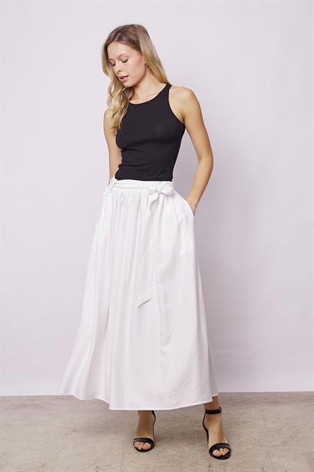 Kadın Belden Bağlamalı Keten Görünümlü Likrasız Kumaş Midi Boy Bilek Üstü Kiloş Etek-Krem