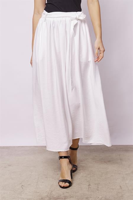 Kadın Belden Bağlamalı Keten Görünümlü Likrasız Kumaş Midi Boy Bilek Üstü Kiloş Etek-Krem