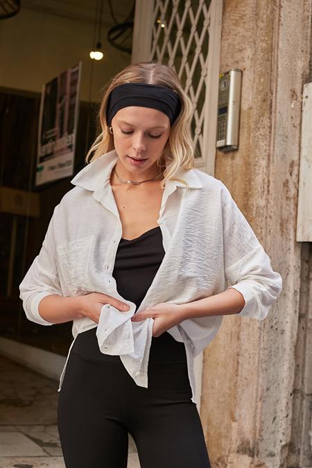 Kadın Likrasız Keten Kumaş Yakalı Cepli Düşük Omuzlu Salaş Oversize Tunik Gömlek-Krem