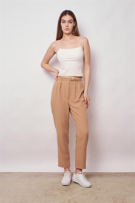 kadın keten yüksek bel pileli beli lastikli kemerli boyfriend pantolon