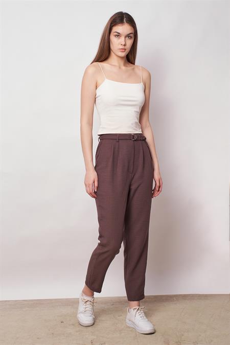 Keten Yüksek Bel Pileli Beli Lastikli Kemerli Boyfriend Pantolon-Kahve