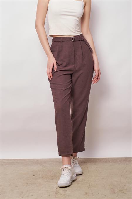 Keten Yüksek Bel Pileli Beli Lastikli Kemerli Boyfriend Pantolon-Kahve