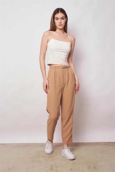 kadın keten yüksek bel pileli beli lastikli kemerli boyfriend pantolon