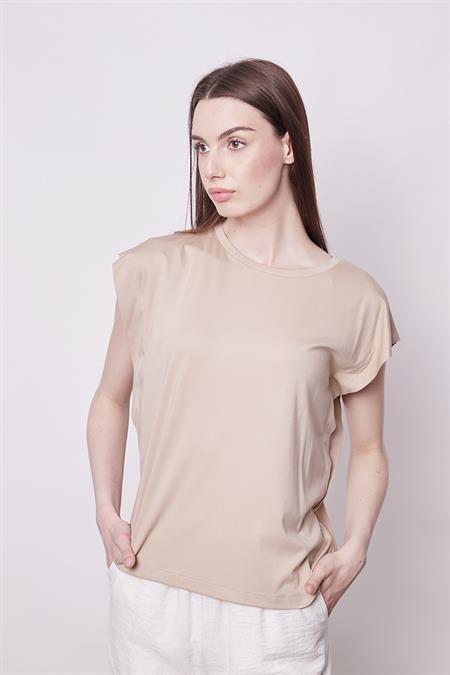 Şık Likralı Span Kumaş Kolsuz Geniş Sıfır Yaka Düşük Omuzlu Basic Tshirt Bluz-Koyu Bej