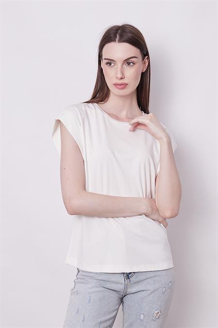 Şık Likralı Span Kumaş Kolsuz Geniş Sıfır Yaka Düşük Omuzlu Basic Tshirt Bluz-Krem