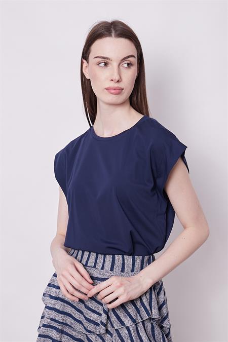 Şık Likralı Span Kumaş Kolsuz Geniş Sıfır Yaka Düşük Omuzlu Basic Tshirt Bluz-Lacivert