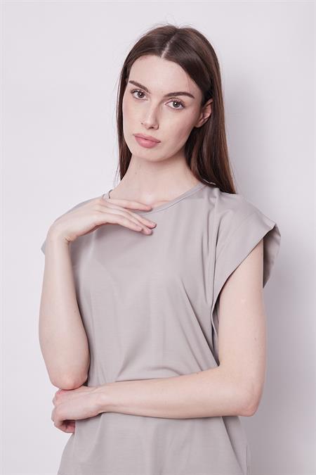 Şık Likralı Span Kumaş Kolsuz Geniş Sıfır Yaka Düşük Omuzlu Basic Tshirt Bluz-Gri