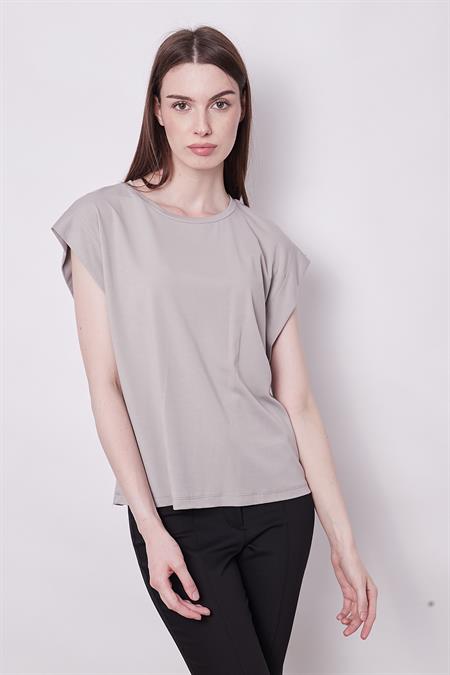Şık Likralı Span Kumaş Kolsuz Geniş Sıfır Yaka Düşük Omuzlu Basic Tshirt Bluz-Gri