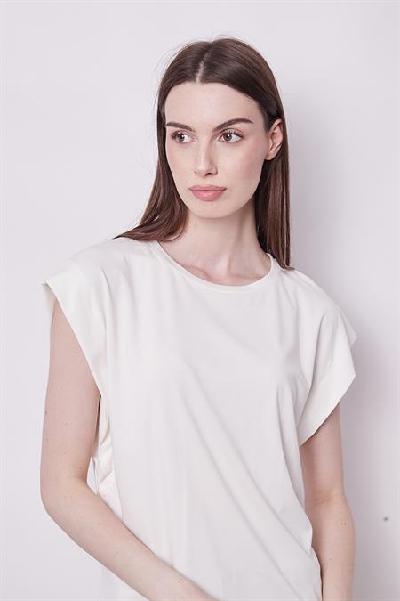Şık Likralı Span Kumaş Kolsuz Geniş Sıfır Yaka Düşük Omuzlu Basic Tshirt Bluz-Krem