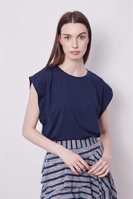 Şık Likralı Span Kumaş Kolsuz Geniş Sıfır Yaka Düşük Omuzlu Basic Tshirt Bluz-Lacivert