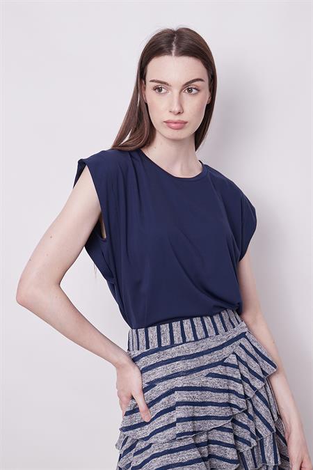Şık Likralı Span Kumaş Kolsuz Geniş Sıfır Yaka Düşük Omuzlu Basic Tshirt Bluz-Lacivert