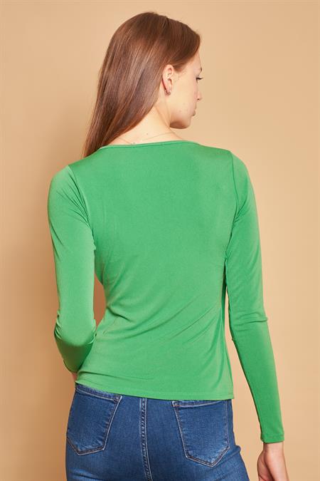 Likralı Krep Kumaş Anvelop Kruvaze Önü Omuzu Büzgülü Uzun Kol Bluz Body-B.Yeşil