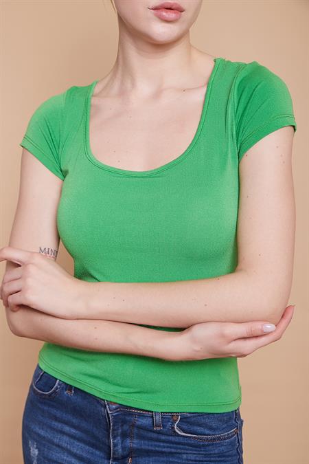 Likralı Krep Kumaş Balen Yaka Büzgülü Body Bluz-B.Yeşil