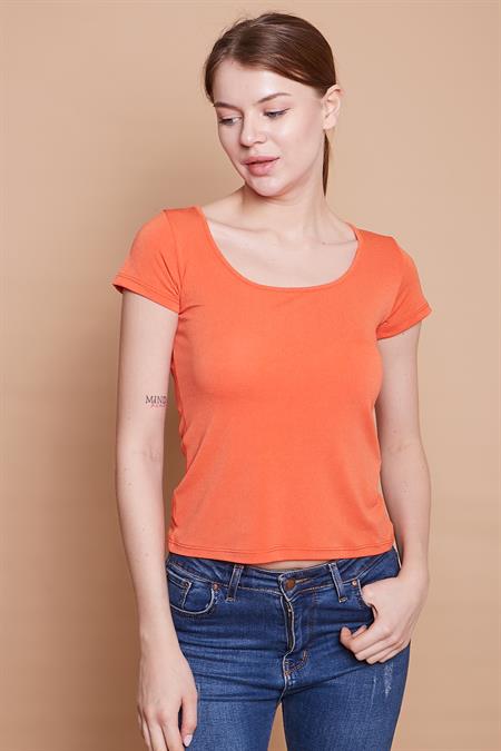 Likralı Krep Kumaş Balen Yaka Büzgülü Body Bluz-Oranj
