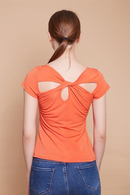 Likralı Krep Kumaş Balen Yaka Büzgülü Body Bluz-Oranj