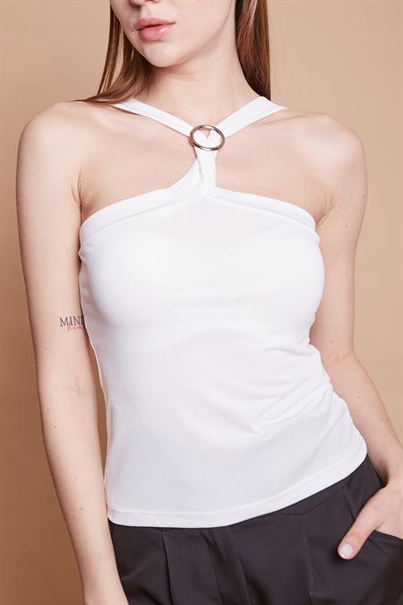 Likralı Krep Kumaş Kalın Çapraz Askılı Aksesuarlı Body Bluz-Krem