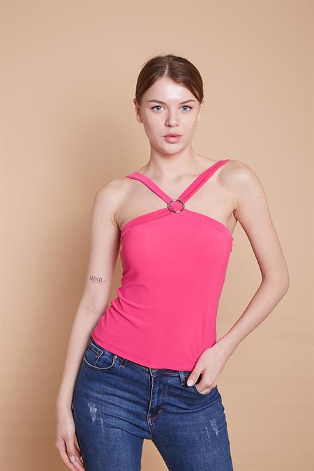 Likralı Krep Kumaş Kalın Çapraz Askılı Aksesuarlı Body Bluz-Fujya