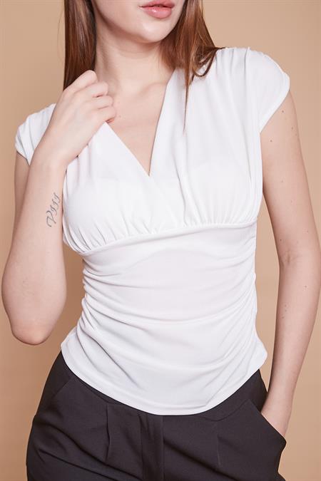 Likralı Krep Kumaş Kruvaze Düşük Omuz Büzgülü Body Bluz-Krem
