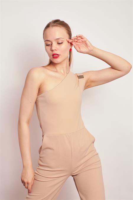 Likralı Krep Kumaş Tek Omuz Aksesuarlı Yan Cepli Bol Paça Abiye Nişan Ofis Tulum-Bej