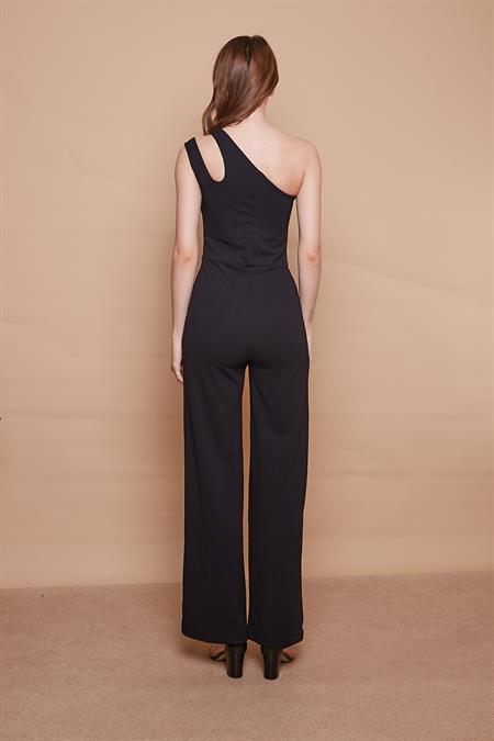 Likralı Krep Kumaş Tek Omuz Aksesuarlı Yan Cepli Bol Paça Abiye Nişan Ofis Tulum-Siyah