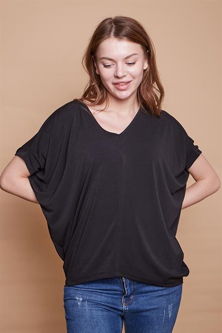 Likralı Krep V Yaka Kısa Kol Asimetrik Oversize Rahat Kesim Bluz-Siyah